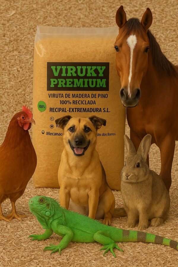 Imagen de la viruta exclusiva de recipal acompañada de otras imágenes de distintos animales con los que puede utilizarse. Gallinas, perros, caballos, reptiles..
