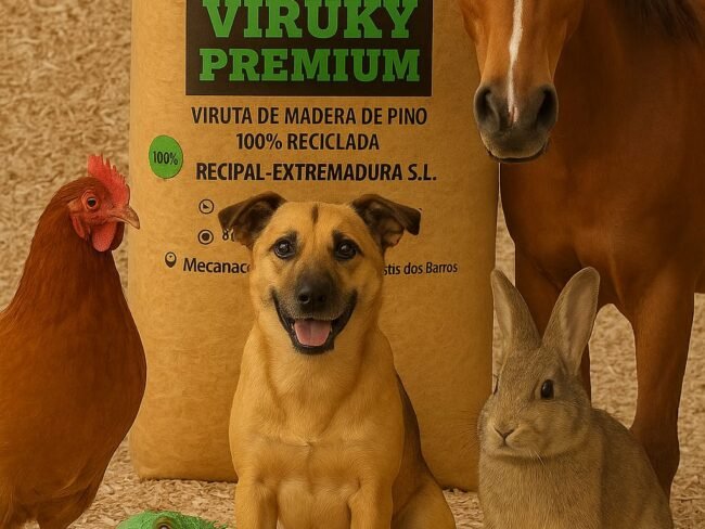 Imagen de la viruta exclusiva de recipal acompañada de otras imágenes de distintos animales con los que puede utilizarse. Gallinas, perros, caballos, reptiles..